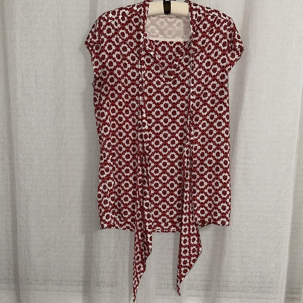 Tory Burch 10 Red White Pattern Cap Sleeve Neck Tie Silk Blouse - Picture 14 of 14